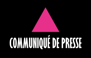 triangle rose, texte "communiqué de presse", fond noir